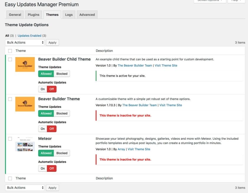 Easy Updates Manager Theme Screen