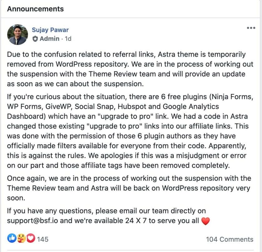 Astra FB Announcement
