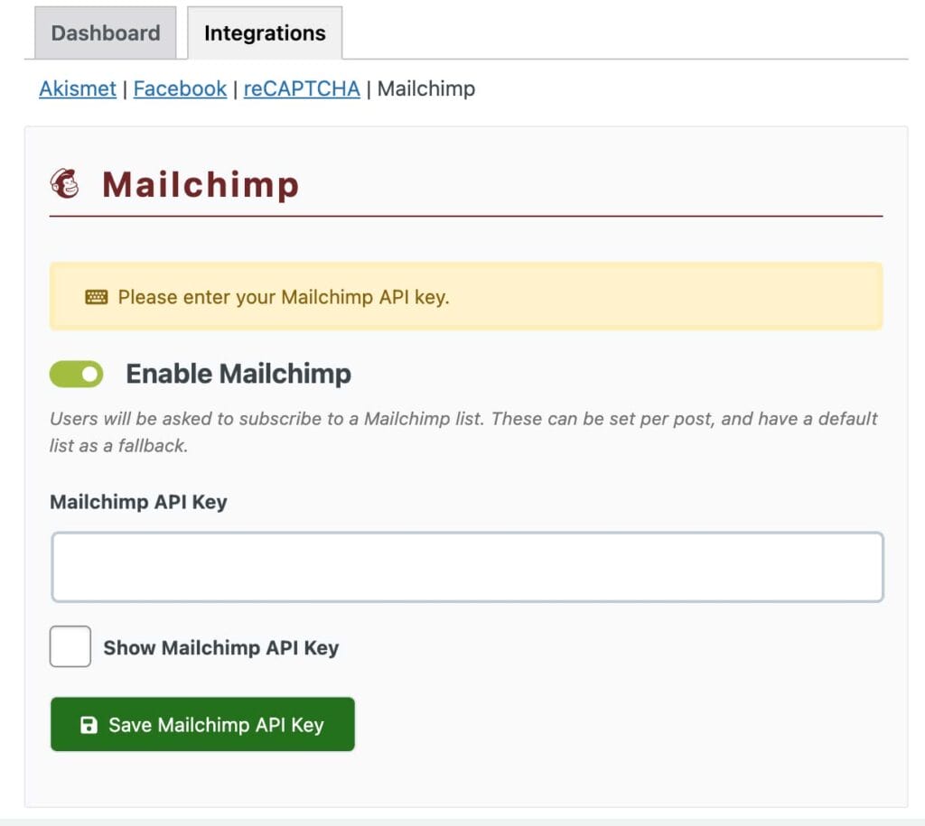 Mailchimp Integration Screen