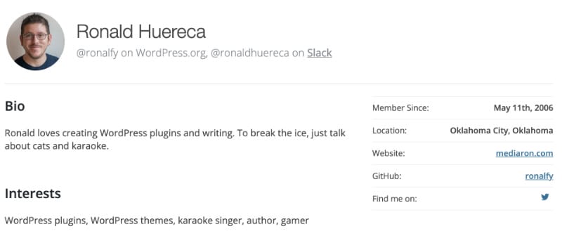 Screenshot of Ronald Huereca's WordPress profile.