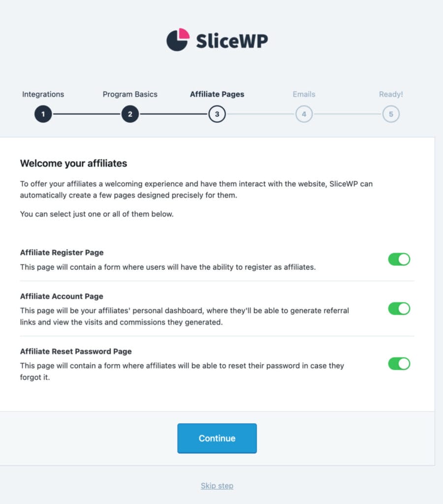 SliceWP Setup Wizard - Step 3 - Page Creation