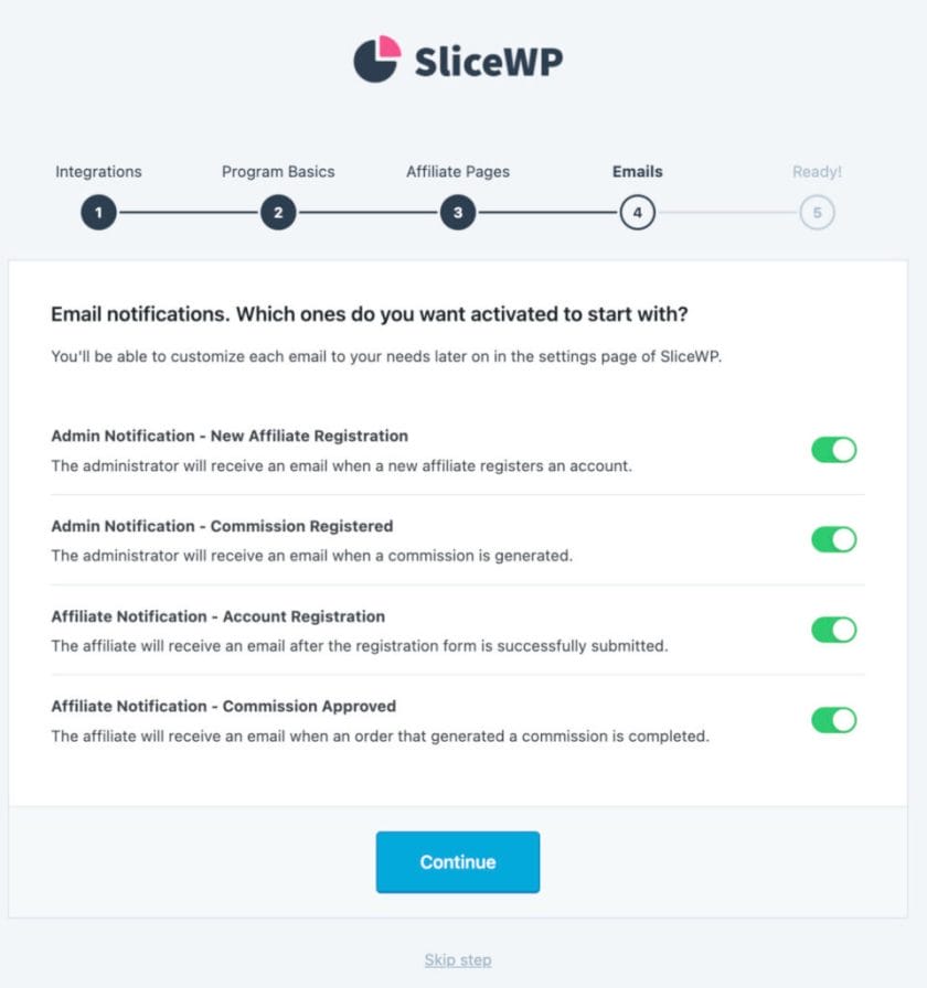 SliceWP Setup Wizard - Step 4 - Emails