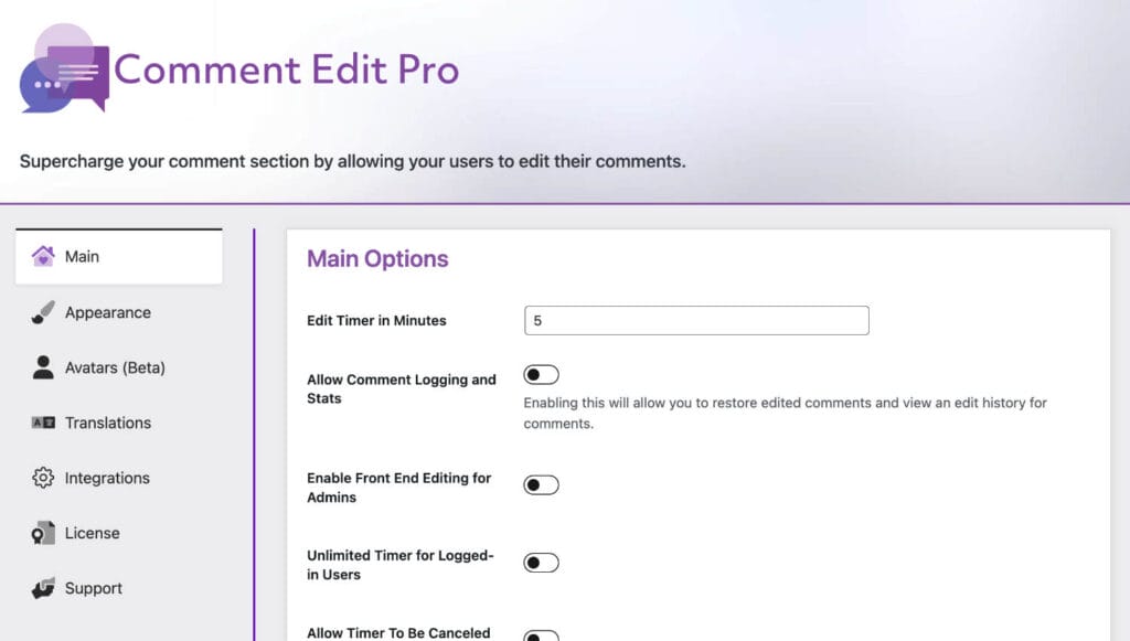 Comment Edit Pro Admin Options