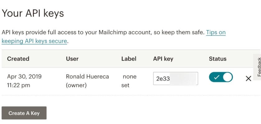 Mailchimp API Key Screen