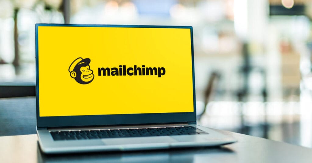 Laptop computer displaying logo of Mailchimp, an American marketing automation platform and email marketing service