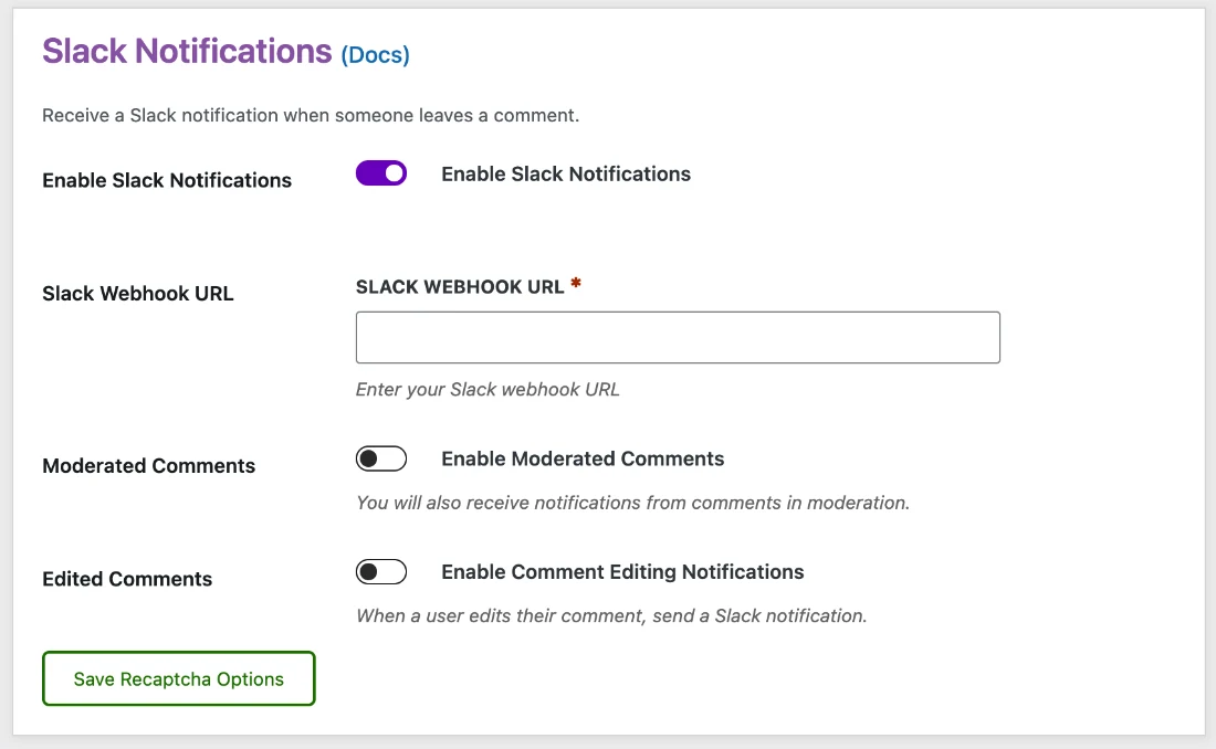 A WordPress Plugin Option Asking for a Slack Webhook