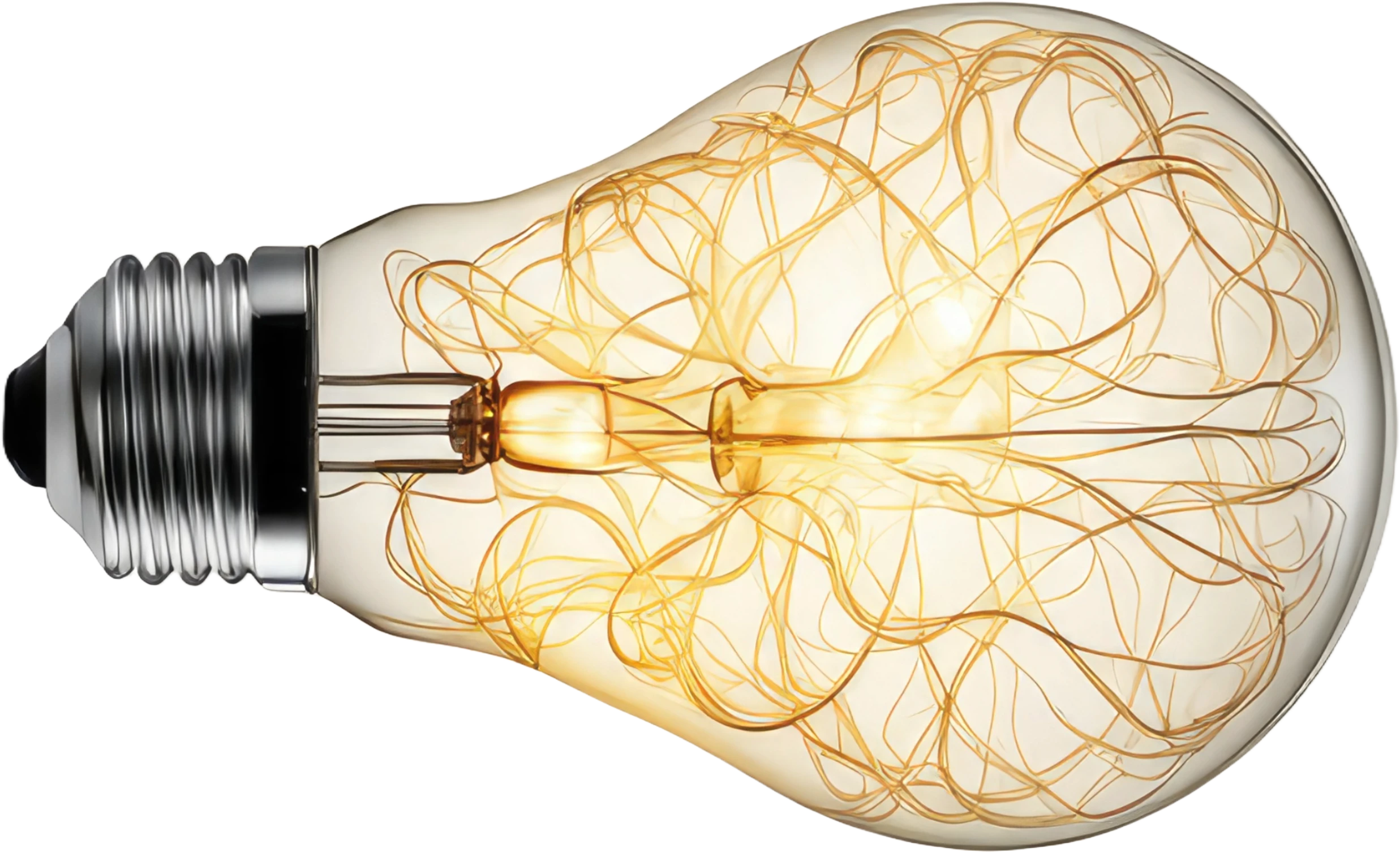 Sideways lightbulb with electric brain matter. AI.